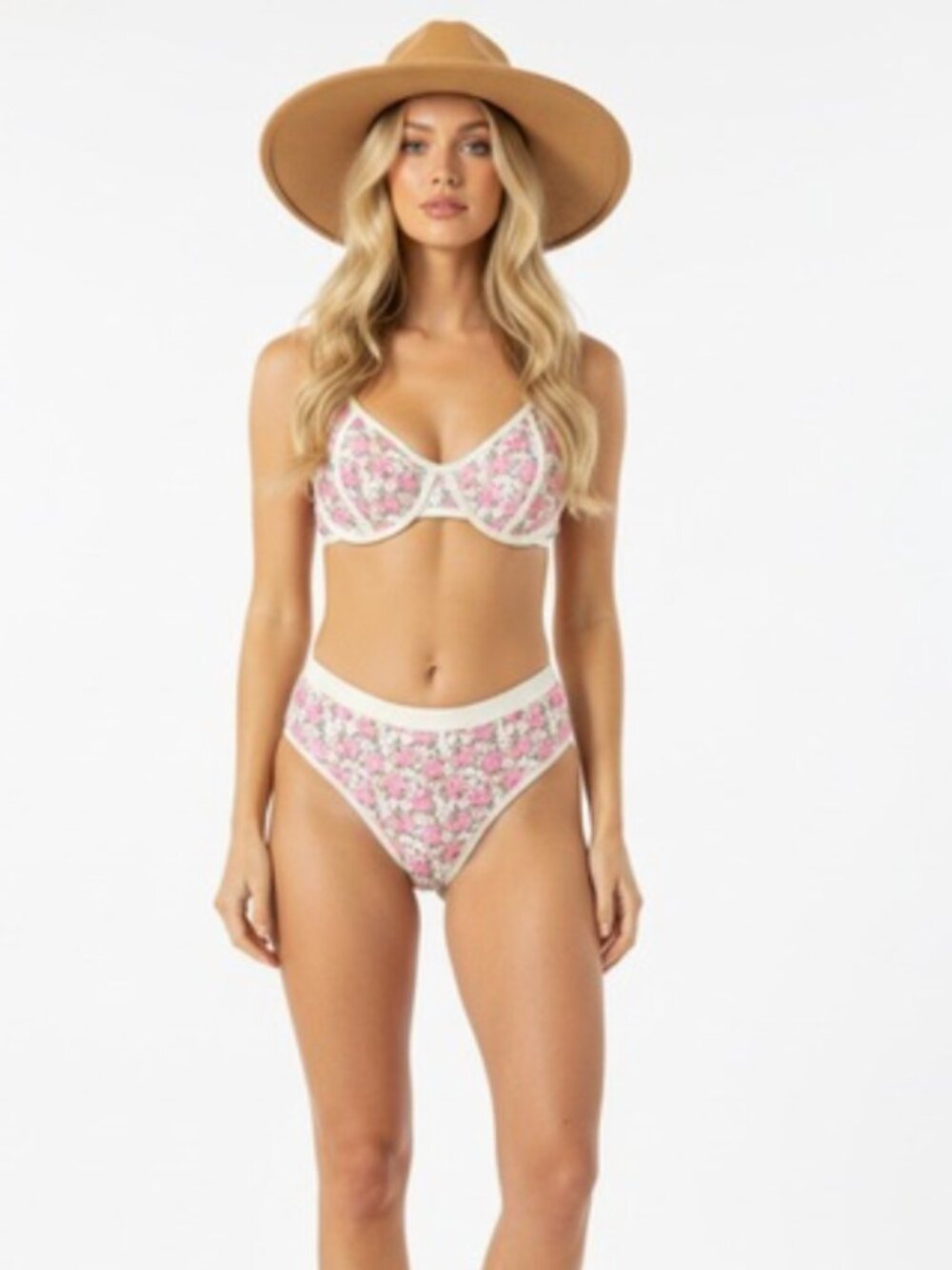 Caroline Constas High Cut Bikini Swimsuit Med Pink Floral Cottagecore Boho NEW